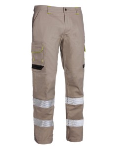 Pantalón de trabajo stretch con bandas reflectantes segmentadas, triple costura y 6 bolsillos. Comodidad, resistencia y visibili