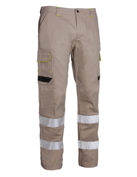 Pantalón de trabajo stretch con bandas reflectantes segmentadas, triple costura y 6 bolsillos. Comodidad, resistencia y visibili