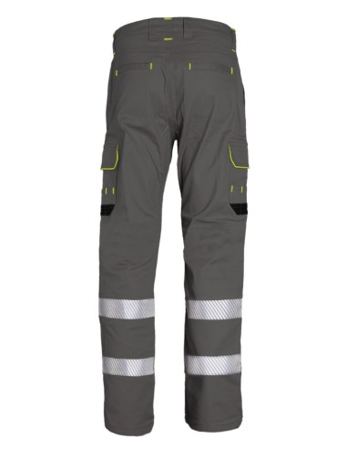 Pantalón de trabajo stretch con bandas reflectantes segmentadas, triple costura y 6 bolsillos. Comodidad, resistencia y visibili