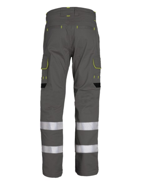 Pantalón de trabajo stretch con bandas reflectantes segmentadas, triple costura y 6 bolsillos. Comodidad, resistencia y visibili