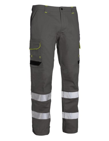Pantalón de trabajo stretch con bandas reflectantes segmentadas, triple costura y 6 bolsillos. Comodidad, resistencia y visibili