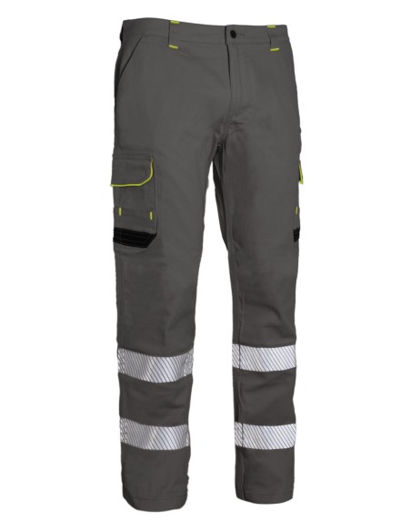 Pantalón de trabajo stretch con bandas reflectantes segmentadas, triple costura y 6 bolsillos. Comodidad, resistencia y visibili