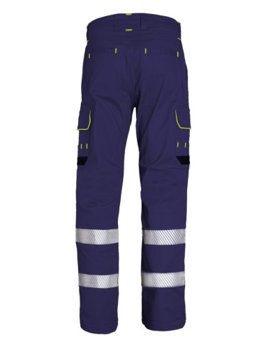Pantalón de trabajo stretch con bandas reflectantes segmentadas, triple costura y 6 bolsillos. Comodidad, resistencia y visibili