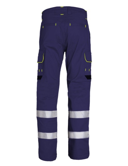 Pantalón de trabajo stretch con bandas reflectantes segmentadas, triple costura y 6 bolsillos. Comodidad, resistencia y visibili