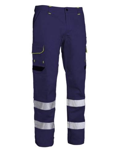 Pantalón de trabajo stretch con bandas reflectantes segmentadas, triple costura y 6 bolsillos. Comodidad, resistencia y visibili