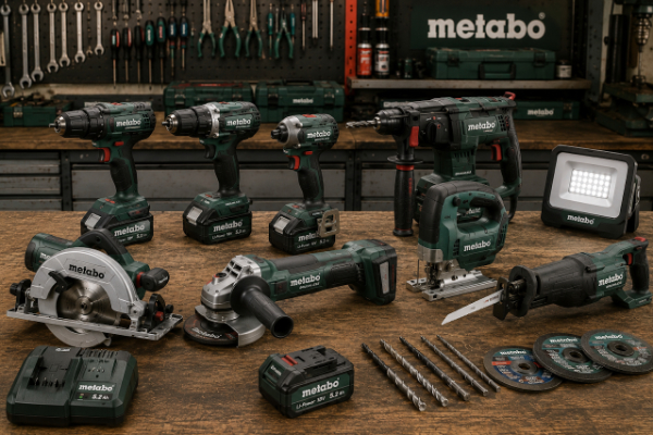 Conjunto de herramientas eléctricas profesionales para uso industrial.